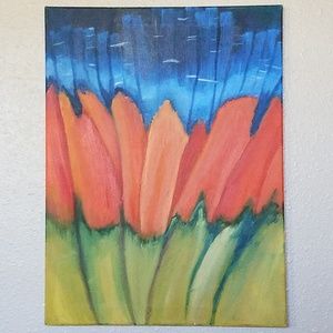 Oil painting of abstract tulips and sky on canvas